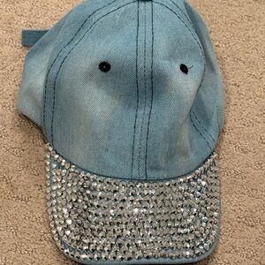 Crystal-Embellished Light Blue Denim Baseball Cap